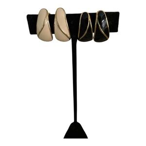 Two Pair Trifari Clip-On Cream Black Gold Vintage Tear-Drop Earrings.